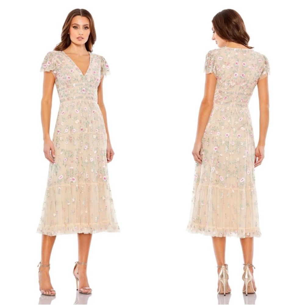 MAC DUGGAL Beige Multicolor Embroidered V Neck Cap Sleeve Midi Dress 4